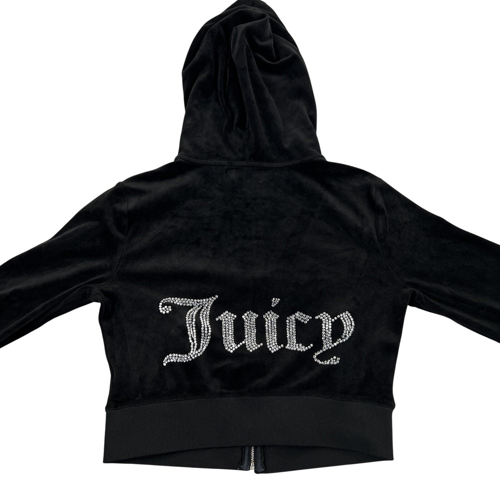 Juicy Couture Velour Zip Hoodie M Black Women Y2K Cropped Rhinestone Logo Jacket
